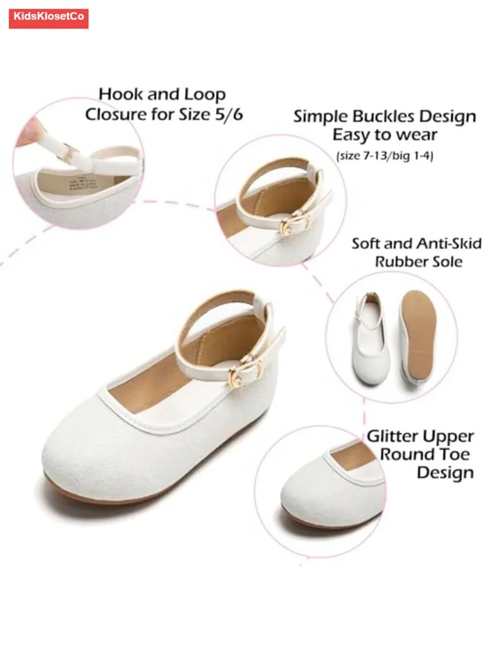 Toddler Sparkly Ballet Flats with Hook & Loop Closure, Anti-Slip Rubber Sole